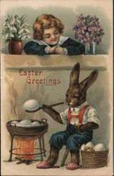 Easter Greetings - Child Watching Bunny Boil Eggs Postcard