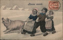 Dutch Children Pulling a Pig's Tail for New Year Pigs Postcard Postcard Postcard