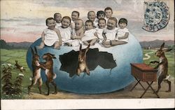 Babies Sitting On Top of a Cracked Easter Egg with Bunnies Postcard