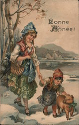 Dutch Children and Pig Pigs Postcard Postcard Postcard