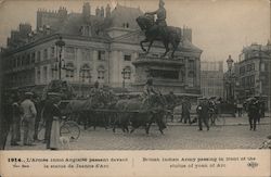1914 British Indian Army passing in front of the statue of Joan of Arc Postcard