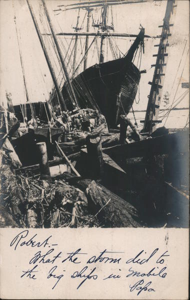 Wrecked pile of big ships after 1906 storm Mobile Alabama