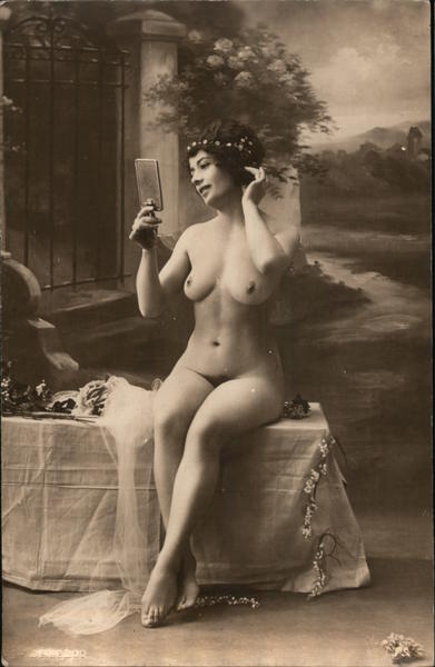 Nude Woman Sitting on Bench Looking in Mirror Risque & Nude