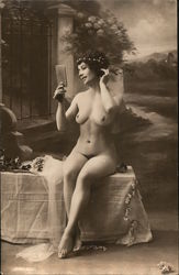 Nude Woman Sitting on Bench Looking in Mirror Postcard