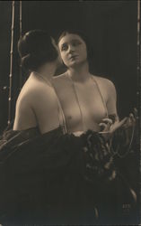 Nude Looking in Mirror Wearing Fur Coat and Pearls Postcard