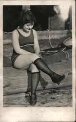 Bathing Beauty Sitting on Pier, Stockings Postcard