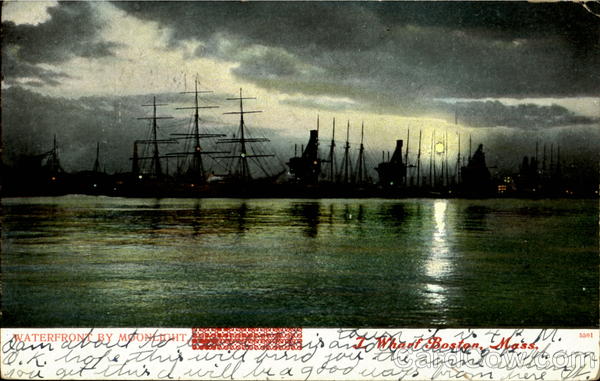 Waterfront By Moonlight Boston Massachusetts
