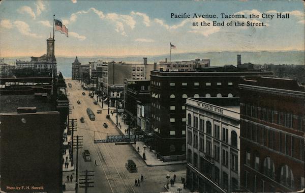 Pacific Avenue, The City Hall At The End Of The Street Tacoma Washington