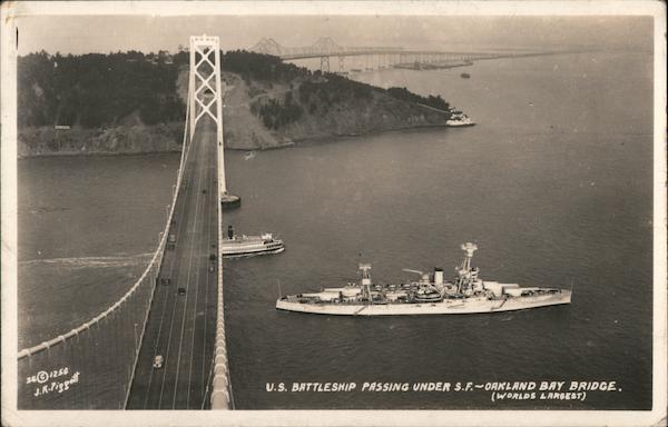 U.S. Battleship Passing under S.F. -Oakland Bay Bridge San Francisco California