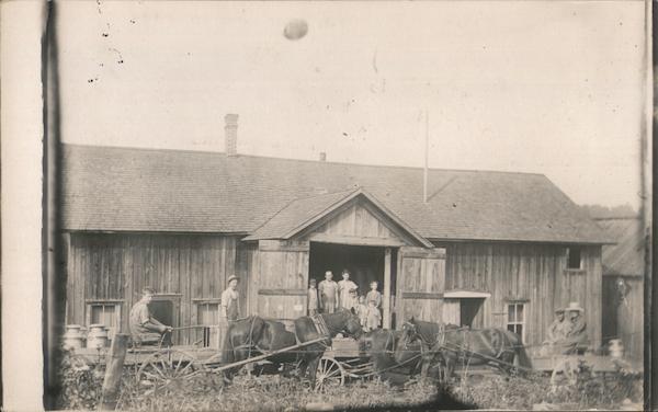 Dairy Farm, Barn, group of people, horse drawn farm equipment