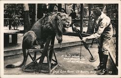 Arthur West and Bamboula the Lion at the Microphone Gay's Lion Farm Postcard