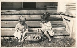 Two Children on Steps with Basket of Kittens 1920 Postcard