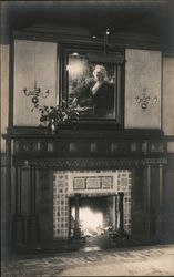 Arts & Crafts Interior Fireplace with portrait hung above it Postcard