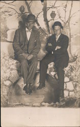 Two Men at Photo Parlor Outside Scene with Painted Bridge and Birds Postcard