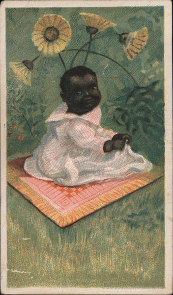 Baby sitting on a blanket in a field with flowers Trade Cards