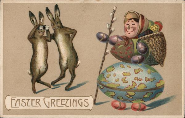 Easter Greetings - Bunnies Spying on a Woman With Bunnies