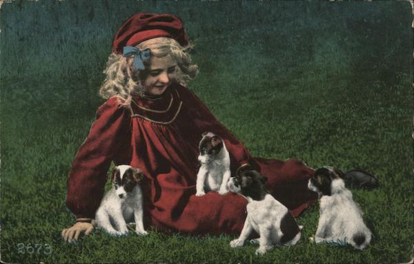 Little Girl with Puppies Dogs
