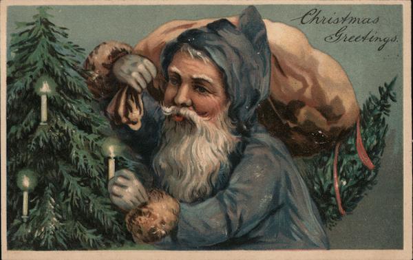 Santa Lighting Candles on Tree Santa Claus