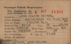 Passenger Vehidle Registration John Delano Decker Ephemera