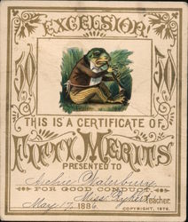 1886 Excelsior - This Is a Certtificate Fifty Merits Trade Card