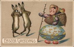 Easter Greetings - Bunnies Spying on a Woman Postcard