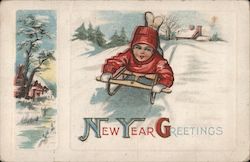 Child Sledding Down a Hill New Year Greetings Postcard