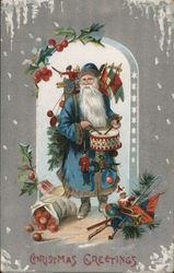 Christmas Greetings - Blue Robe Santa And Toys Postcard