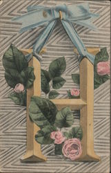 Letter H With Pink Roses and Blue Bow Postcard