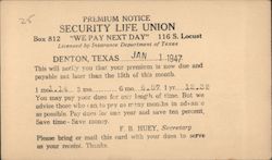 Premium Notice - Secutiry Life Union Postcard