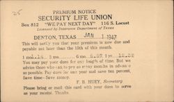 Premium Notice - Secutiry Life Union Denton, TX Postal Cards & Correspondence Postcard Postcard Postcard