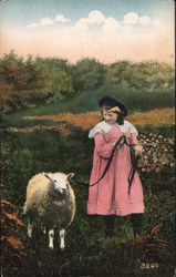 Girl with Sheep on Leash in Field Postcard