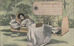 A Woman Laying Down on a Suspended Bed Postcard