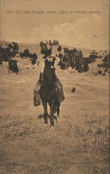 Cow Girl Sees Trouble Ahead, Signs of Indians coming Postcard