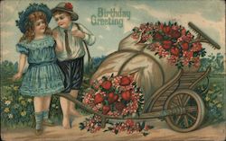 Birthday Greeting Boy and Girl Flowers Postcard