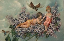 Children Laying on a Flower Branch Postcard