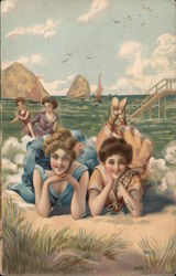 Women Laying in the Surf Swimsuits & Pinup Postcard Postcard Postcard