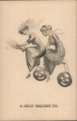 Two Women Riding a Broom Postcard