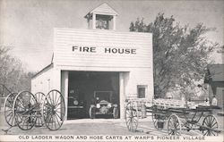 Pioneer Village Fire House - Old Ladder Wagon and Hose Carts at Warp's Pioneer Village Postcard