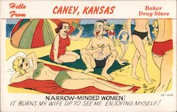 Hello from Caney, Kansas [illustration of man on a beach for some reason, with women] Postcard