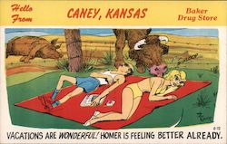 Hello from Caney, Kansas - Baker Drug Store - People sunbathing in a pasture Postcard Postcard Postcard