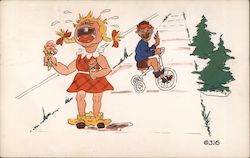 Embarrassed little girl with ice cream cones and boy on tricycle Postcard