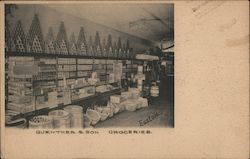 Guenther & Son Groceries, interior of grocery store with stacks of cans and barrels of goods Advertising Easton Postcard Postcar Postcard