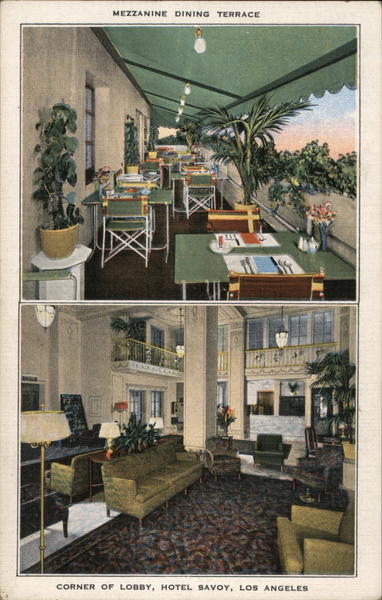 Mezzanine Dining Terrace and Corner of Lobby at the Hotel Savoy Los Angeles California