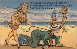 Man on Leash Being Walked by Wife on Beach as He Stares at Women in Bikinis Postcard