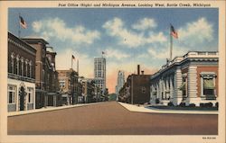 Post Office (Right) and Michigan Avenue, Looking West Battle Creek, MI Postcard Postcard Postcard