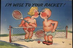 I'm Wise to Your Racket - Couple Kissing on Tennis Court Postcard