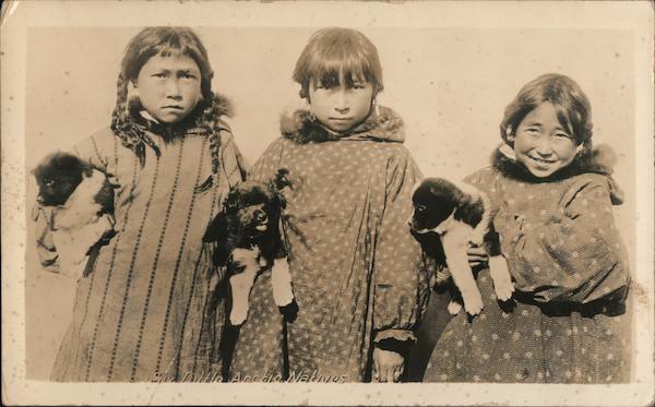 Three Eskimo Girls Holding Puppies Alaska Native Americana