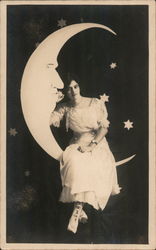 Woman in White Dress on Paper Moon w/Stars 1917 Postcard