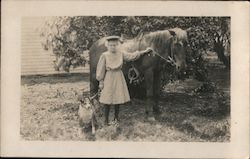 Girl in Dress with Dog and Horse Postcard