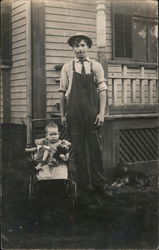 Man with Child in Stroller, Teddy Bears Postcard